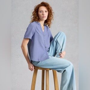 NWT White Stuff Annie SS Double Cloth Light Blue Button-Front Cotton Blouse